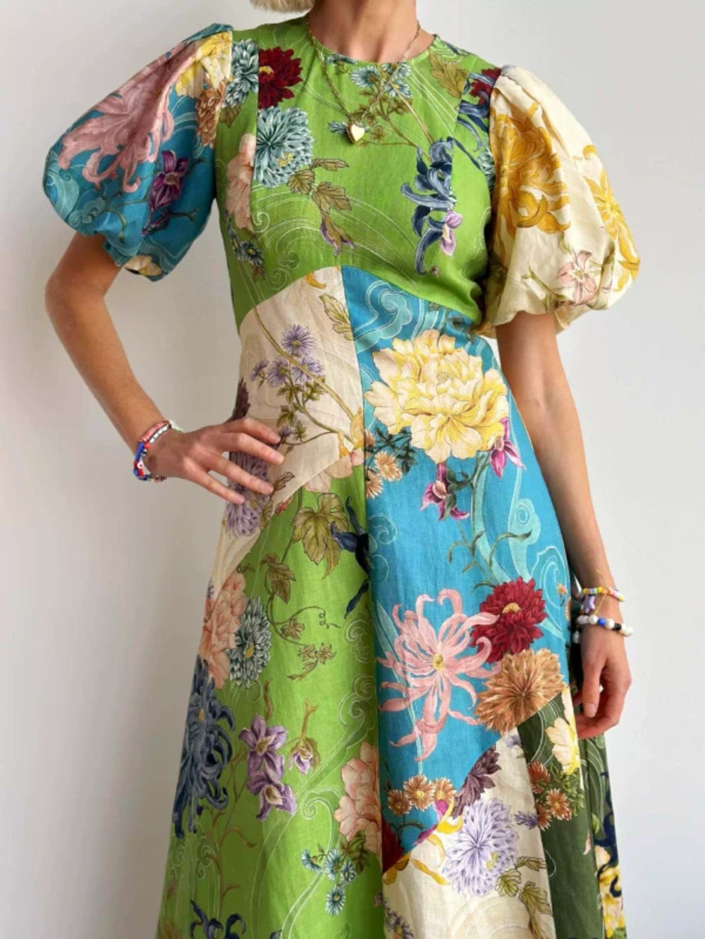 ZARA Casual Linen Round Neck Lantern Sleeve Dress Graffiti Print